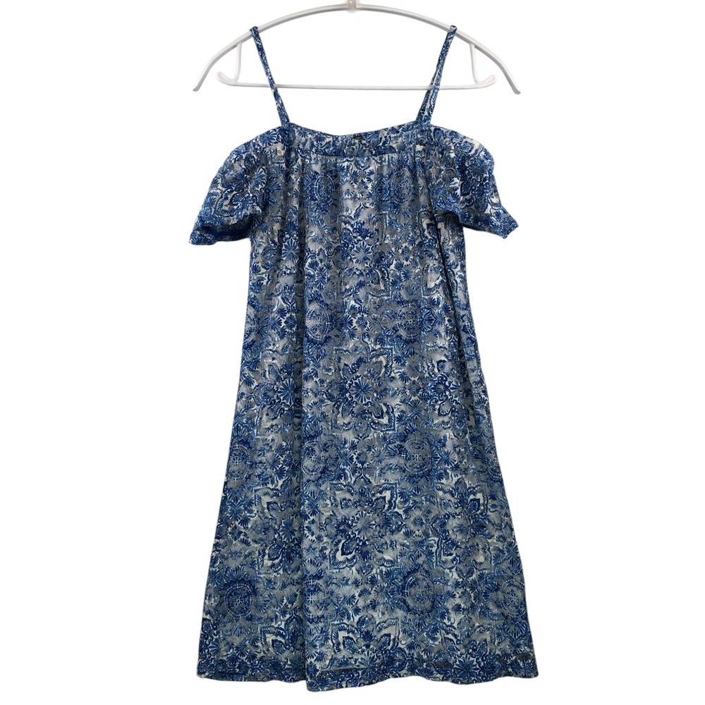 Bohemian style sun dress‎ womens XS Blue Ivory Floral Lace Cold Shoulder Mini